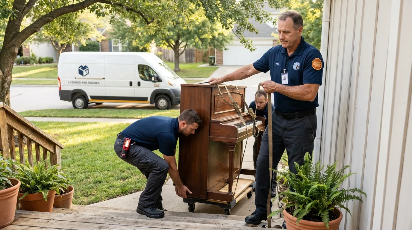 Licensed piano movers securing grand piano in Adams, MA