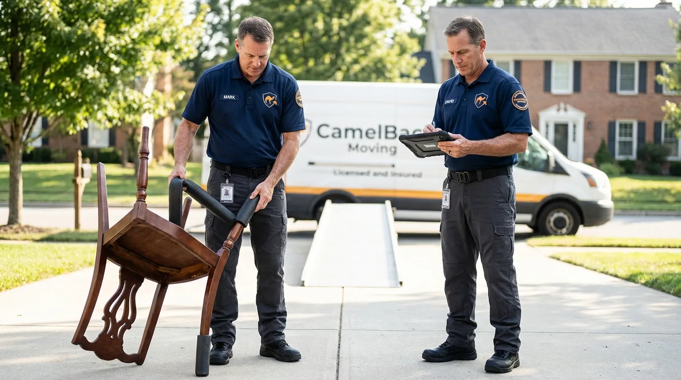 Movers inspecting furniture for damage prevention before loading in Adams, MA