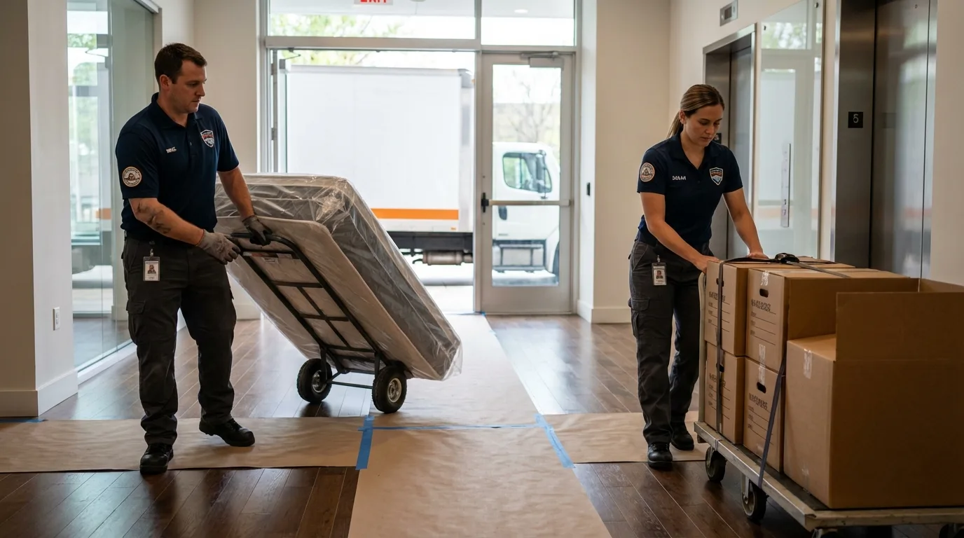 Professional apartment movers loading elevator in Adams, MA
