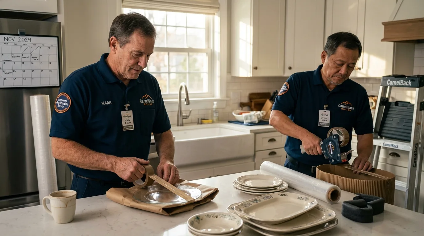 Professional crew packing kitchen dishware in Adams, MA